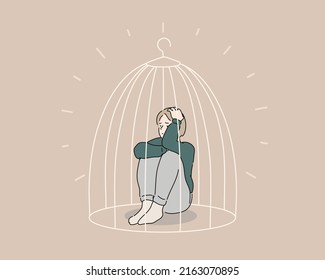 woman locked in cage. Sad girl needs psychological help. Hand drawn style vector design illustrations.