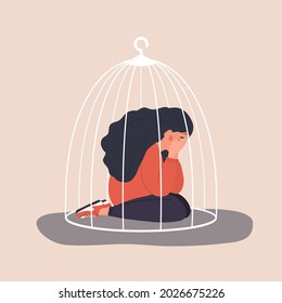 Woman locked in cage. Sad teenager sitting on floor and crying. Social isolation concept. Female empowerment movement. Violence in family. Vector illustration in cartoon style.