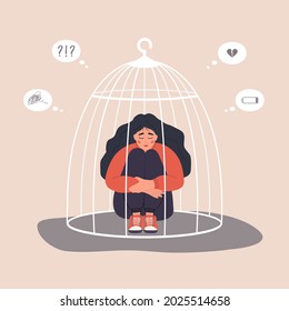 Woman locked in cage. Unhappy female character sitting on floor and hugging knees. Female empowerment movement. Vector illustration in cartoon style.