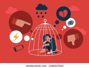 Woman locked in cage. Unhappy female character sitting on floor and hugging knees. Female empowerment movement. Vector illustration in cartoon style.