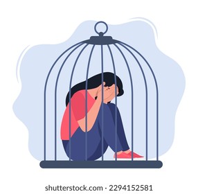 Woman locked in cage. Unhappy female character sitting on floor and hugging knees. Female empowerment movement. Concept of restriction of freedom, domestic violence. Vector illustration