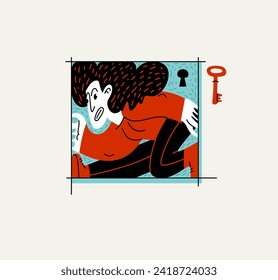 Woman is locked in a rectangular frame, social and cultural restrictions concept, vector illustration of a girl in uncomfortable pose is locked in her mind barriers, cultural frame idea.