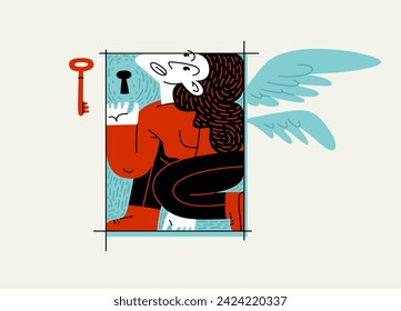 Woman is locked in a rectangular frame, social and cultural restrictions concept, vector illustration of a girl in uncomfortable pose is locked in her mind barriers with imaginary wings.