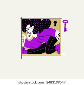 Woman is locked in a rectangular frame, social and cultural restrictions concept, vector illustration of a girl in uncomfortable pose is locked in her mind barriers, cultural frame idea.