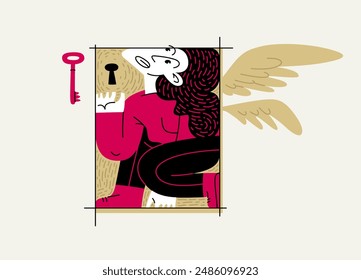 Woman is locked in a rectangular frame, social and cultural restrictions concept, vector illustration of a girl in uncomfortable pose is locked in her mind barriers with imaginary wings.