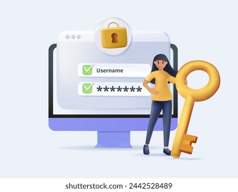 Woman with login and password. Authorization and authentication. Protection of personal data and information on internet. User enter to account or profile. Cartoon 3D vector illustration