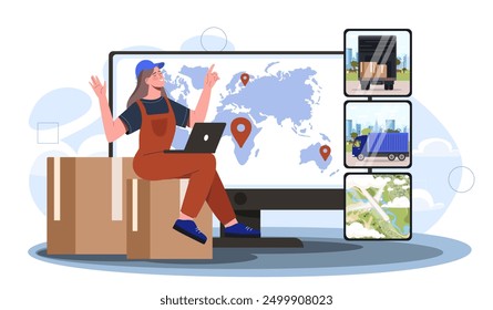 Woman with logistics. Young girl in uniform sitting on cardboard box near computer. Transportation and shipping, delivery. Import and export. Flat vector illustration isolated on white background
