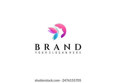 woman logo with beautiful butterfly in colorful gradient modern design style