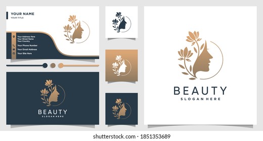 Woman logo with beauty gradient concept and business card design template Premium Vector