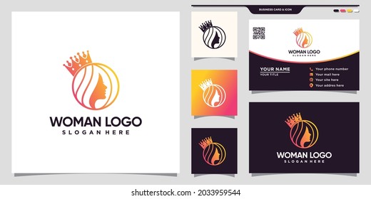 Logo de la mujer y corona con estilo de arte de línea y diseño de tarjetas de visita Vector Premium