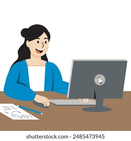 Woman logo designer using computer with sketch three quarter view.