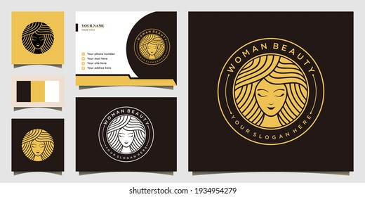Woman logo with golden gradient colours emblem style and business card design template for business beauty salon Premium Vector. part 3