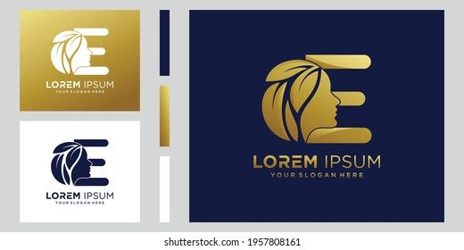 Woman logo with initial letter E and golden style color. Beauty logo template Premium Vector