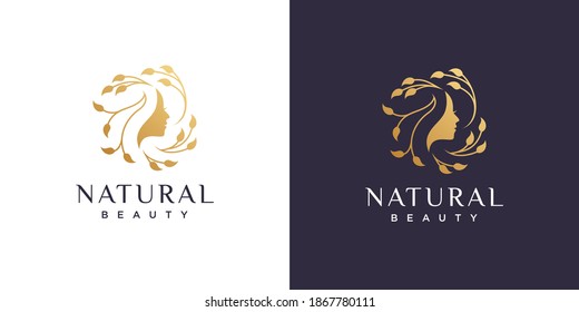 Woman logo with modern beauty style and business card design, natural beauty Premium Vector