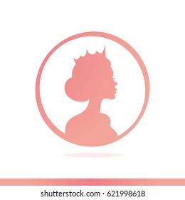 Woman logo pink colors for beauty salon. Girl in crown icon isolated on white background for web-sites, banners, magazines, book or other design projects. Vector illustration.