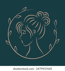 Woman logo template for beauty salon in line art style. Girl face profile and floral elements. Vector illustration.