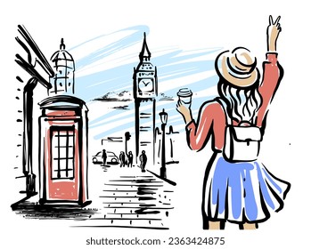 Woman in London. Hand drawn landscape of travel city
