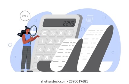 Woman with long bill. Budgeting and accounting. oung girl wth large list with prices. Financial literacy and economy. Cartoon flat vector illustration isolated on white background