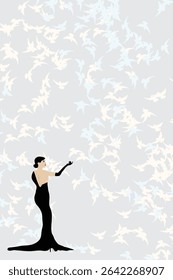 Uma mulher de vestido longo preto se põe diante de um fundo de pássaros voadores que parecem se mover em uma ilustração de ilusão ótica.