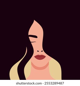 Mujer con el fondo largo del pelo negro. Mujer hermosa con el pelo largo que cubre la cara. Ilustración vectorial