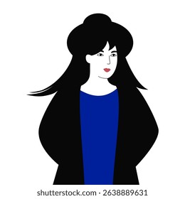Woman with long black hair in blue dress, vector illustration.