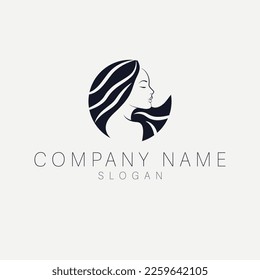 Woman with long black hair and red lips logo design. Vector logo emblem for beauty industry. Circle logotype. Luxury logo design.