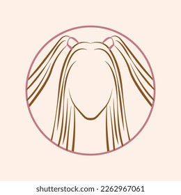 Woman with long black hair and red lips illustration. Vector logo emblem for beauty industry. Circle logotype.