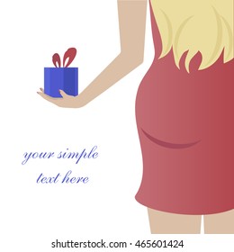 woman with long blond hair holding a box with a gift. View from the back