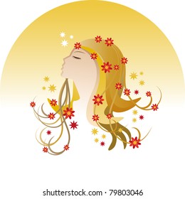 Woman with long blond hair and loose and full of red flowers.