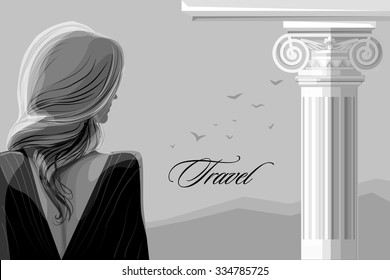 A woman with long blond hair standing near the column. Back view. Birds flying on the background. Summer day illustration. Can be used as background, has proper space for a text. 'Travel' inscription.