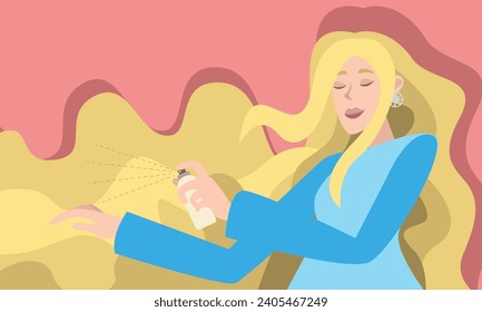 Woman with long blond hair uses hair spray. The concept of cleanliness, freshness and self-care. Daily routine. Vector horizontal illustration.
