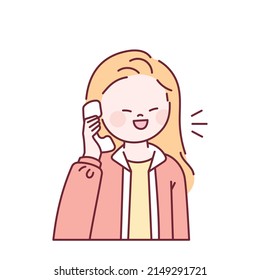 A woman with long blonde hair is chatting happily with a landline phone in her hand. outline simple vector illustration.