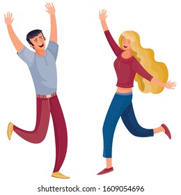 woman with long blonde hair joyfully jumping with a man, isolated object on a white background