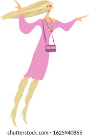 
A woman with long blonde hair and in a lilac dress with a handbag dances rejoices. The girl is in a good mood. She is funny
