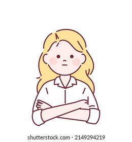 A woman with long blonde hair and a white shirt is standing with her arms crossed. outline simple vector illustration.