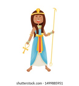 Woman in a long blue egyptian dress. Vector illustration on a white background.