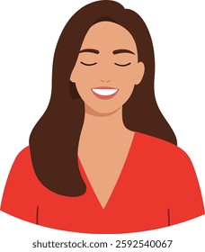 A woman with long brown hair and closed eyes smiles warmly, wearing a red top, conveying a positive and cheerful atmosphere in this flat vector art.