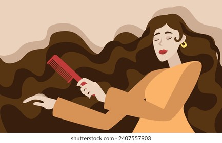 Woman with long brown hair combing her hair with a comb.The concept of cleanliness, freshness and self-care. Daily routine. Vector horizontal illustration.