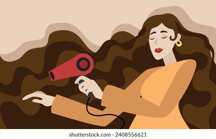 Woman with long brown hair dries her hair with a hair dryer. The concept of cleanliness, freshness and self-care. Daily routine. Vector horizontal illustration.