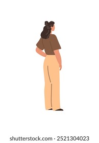 Una mujer con el pelo castaño largo se ve desde la espalda con una camisa marrón y pantalones beige. Ideal para el diseño de moda, estilo de vida, empoderamiento femenino, promoción de ropa casual, minimalismo. Simple moderno