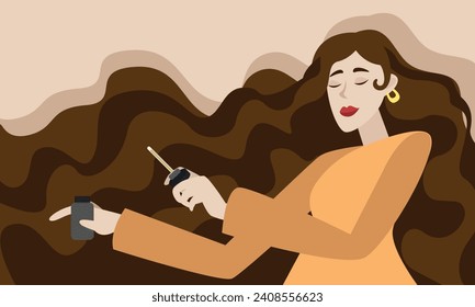 Woman with long brown hair uses hair oils. The concept of cleanliness, freshness and self-care. Daily routine. Vector horizontal illustration.