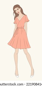Woman with long brown hair wearing summer flared dress. Female figure silhouette. Fashion drawing. Beautiful lady sketch. Vector illustration