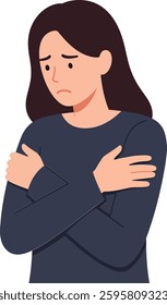 A woman with long brown hair, wearing a blue sweater, stands with her arms crossed, conveying a feeling of sadness and introspection in a minimalist style.