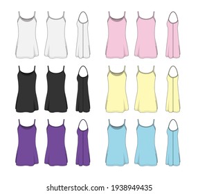 Woman long camisole dress template illustration set