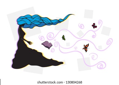 woman with long curly blue hair, butterfly book and wave