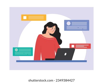 Mujer con el pelo largo y rizado vestido rojo y gafas, trabajando frente a una laptop con muchos chats de los clientes. Tecnología de medios en línea. Diseño de caracteres. Ilustración de datos del vector