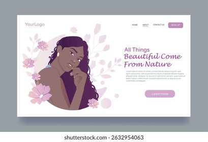 Woman with long curly hair surrounded by flowers in a flat design style on a white background with soft purple accents. Concept of beauty and nature. Vector illustration