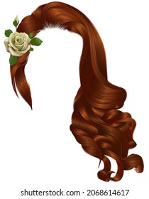 
woman long curly hairs with flower.white rose. red colors.
retro style. beauty fashion. realistic 3d.