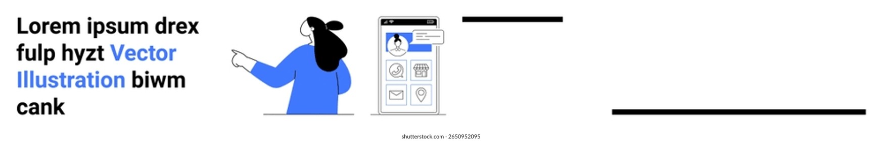 Mulher com cabelos longos e escuros em pontos de roupas azuis na tela do smartphone mostrando uma interface de aplicativo móvel com vários ícones e texto lorem ipsum. Ideal para tutoriais técnicos, design de aplicativos, cursos on-line