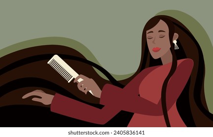 Woman with long dark hair combing her hair with a comb.The concept of cleanliness, freshness and self-care. Daily routine. Vector horizontal illustration.
